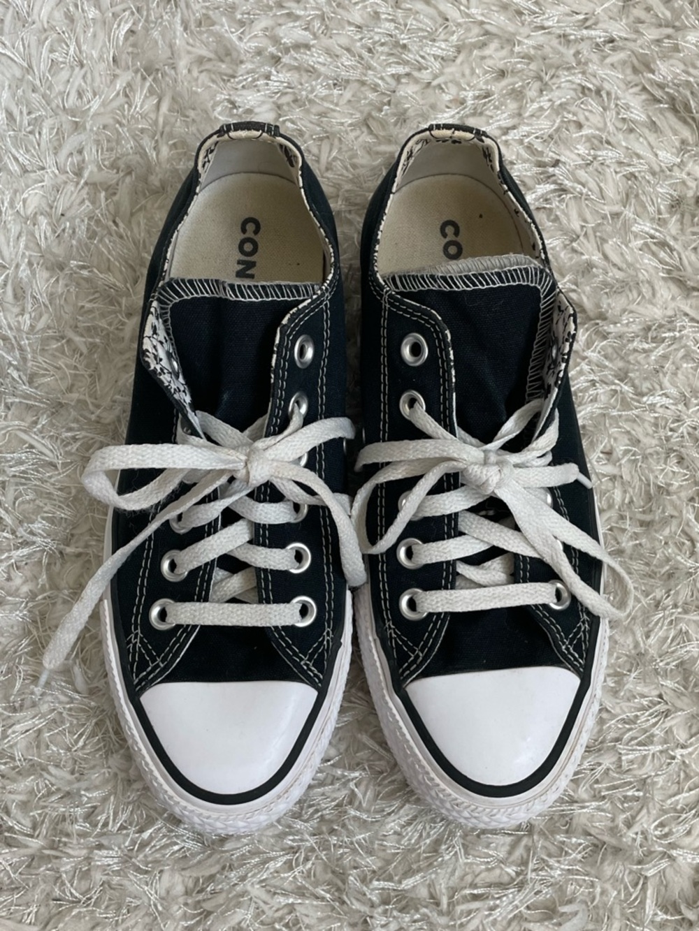 Converse Chuck Taylor All Star Low Top Sneakers Double Tongue Floral Black White - Picture 11 of 14